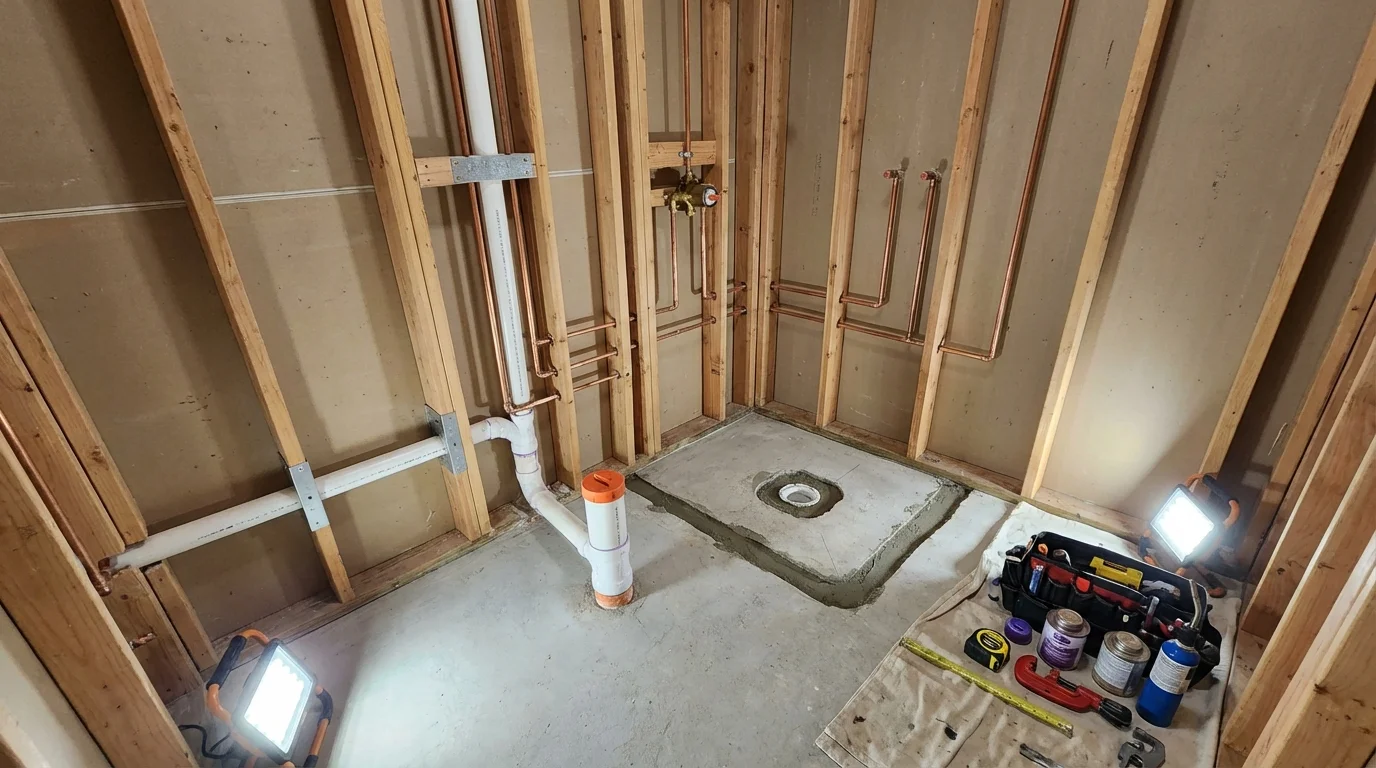 Bathroom rough-in plumbing during remodel by Johns Plumbing LLC in Grand Terrace
