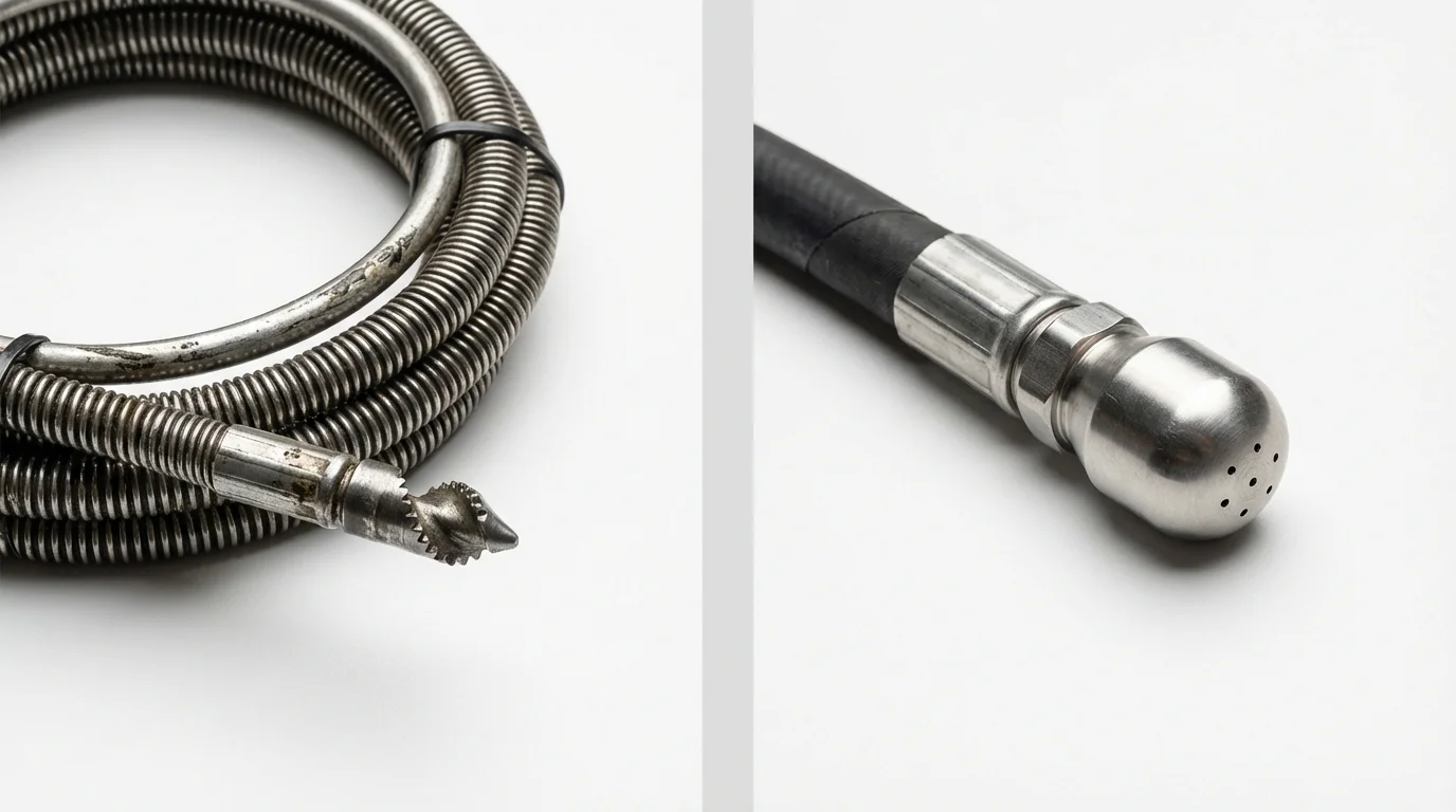 Drain snake cable and hydro jetting nozzle used for drain cleaning in Grand Terrace, CA