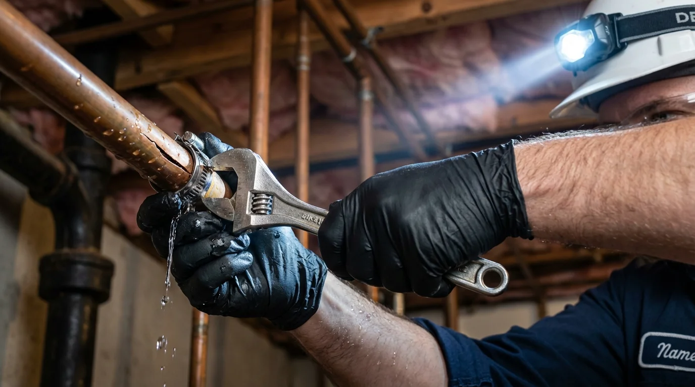 Emergency pipe clamp repair being performed by a Johns Plumbing LLC plumber in Grand Terrace
