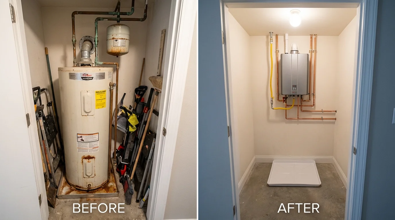 Tank water heater versus wall-mounted tankless unit comparison for Grand Terrace, CA homeowners