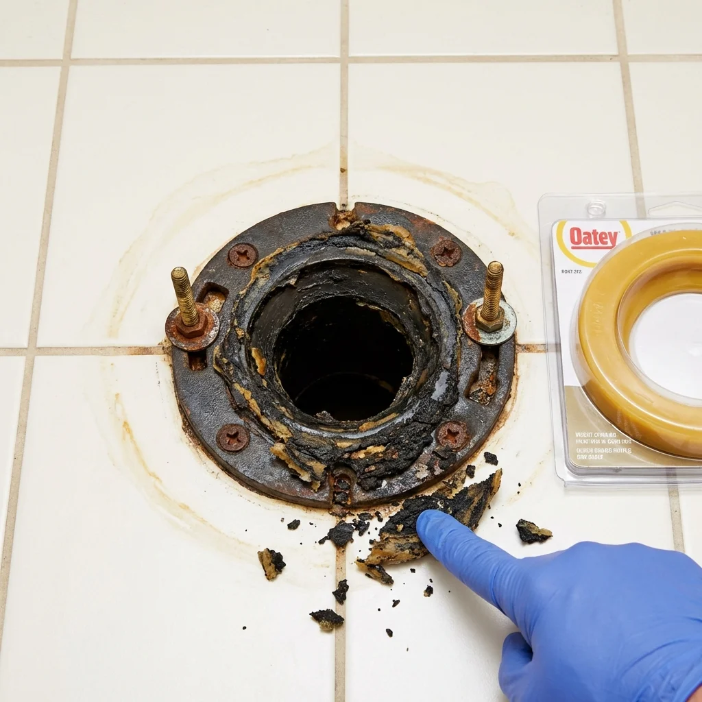 Failed wax ring showing water seepage at the base of a toilet in a Grand Terrace, CA home