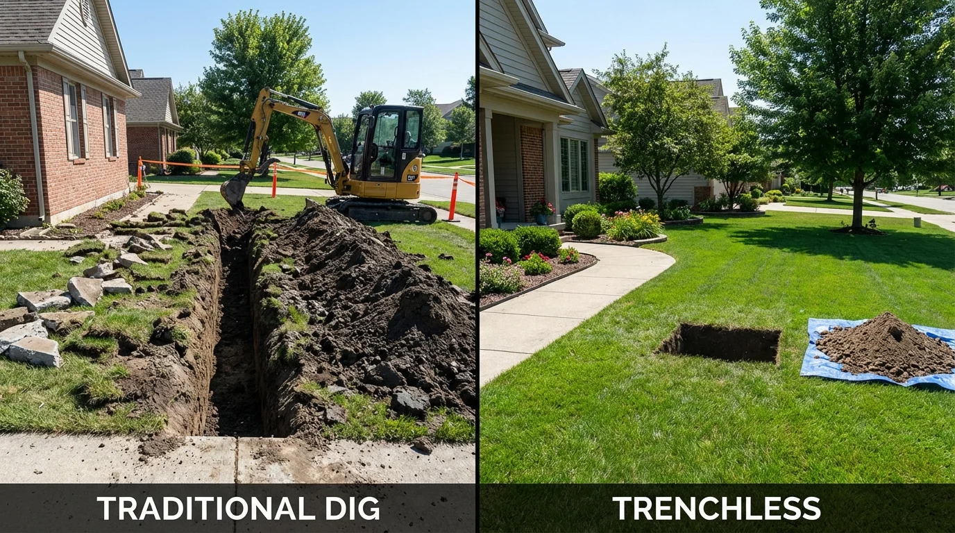 Trenchless sewer repair with minimal yard damage versus traditional excavation in Grand Terrace, CA