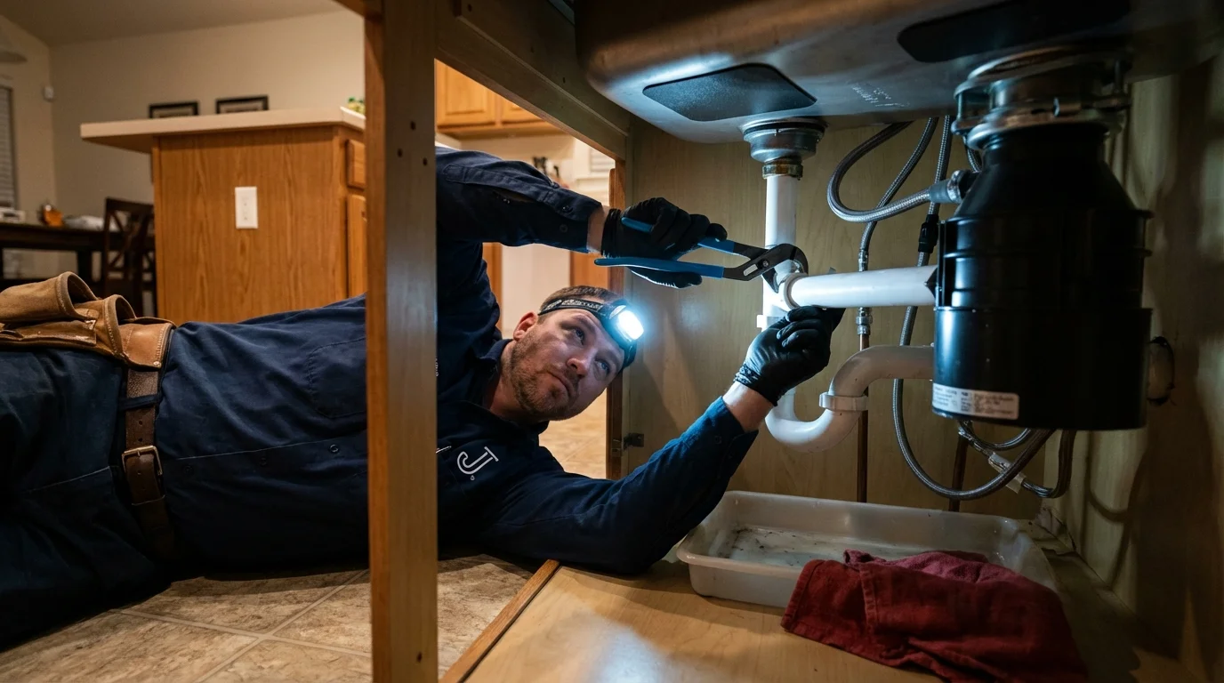 P-trap and supply line connections under a kitchen sink showing a common leak point in Grand Terrace, CA